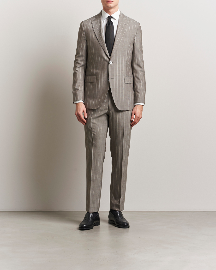 Men | Trousers | Oscar Jacobson | Dandy Striped Super 130s Wool Trouser Beige