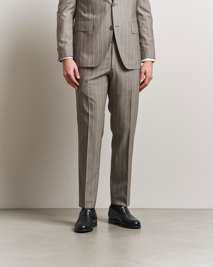 Men | Trousers | Oscar Jacobson | Dandy Striped Super 130s Wool Trouser Beige