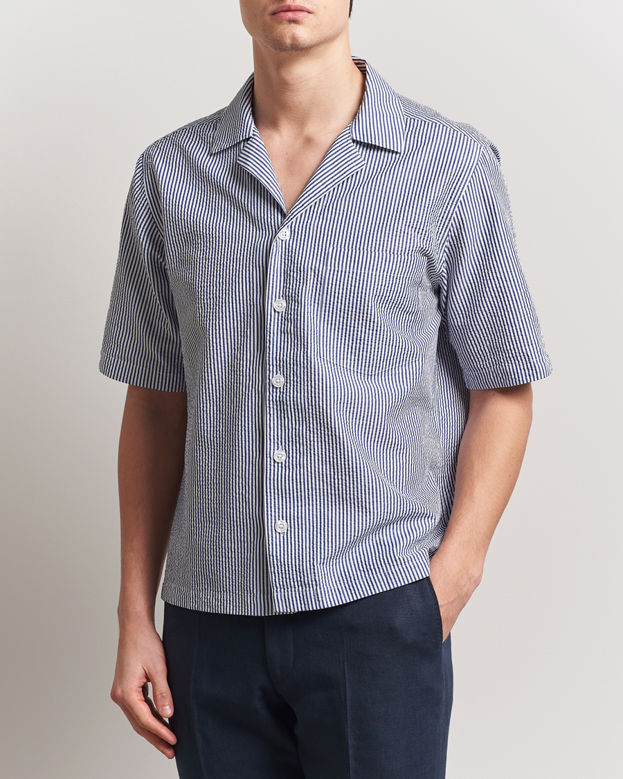 Men | Shirts | Oscar Jacobson | Cuban Short Sleeve Seersucker Shirt Blue/White