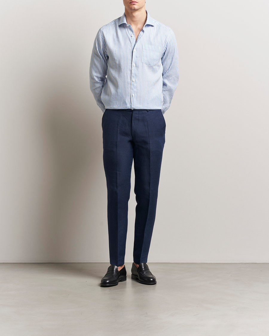 Men | Shirts | Oscar Jacobson | Wide Spread Linen/Cotton Venetian Stripe Shirt Blue