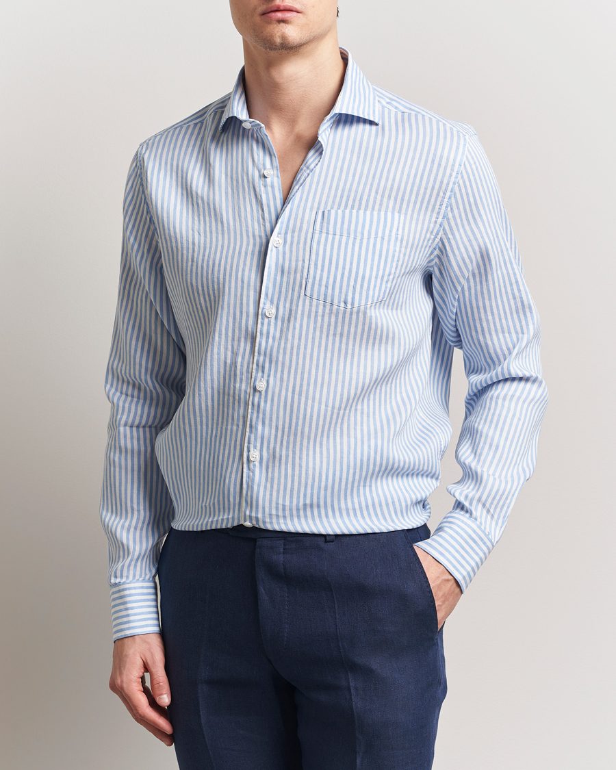 Men | Shirts | Oscar Jacobson | Wide Spread Linen/Cotton Venetian Stripe Shirt Blue