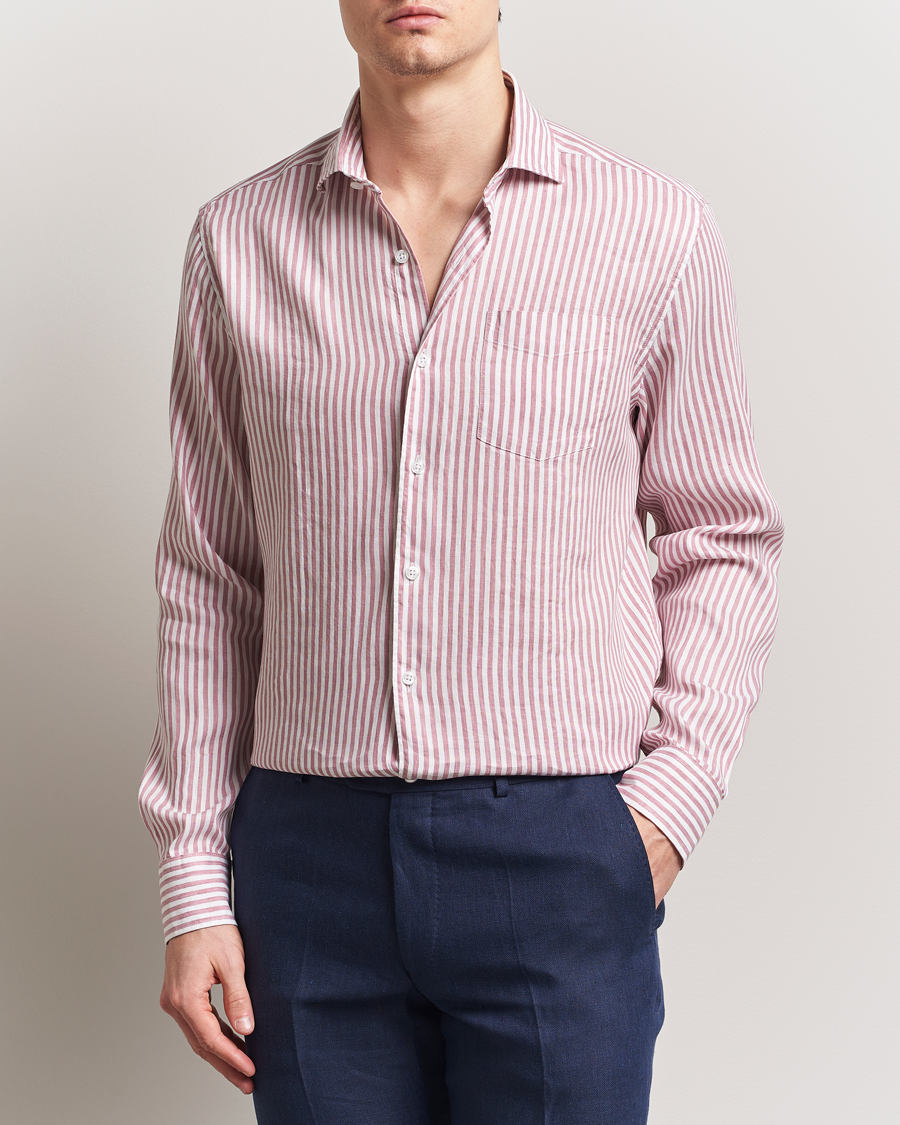 Men | Shirts | Oscar Jacobson | Wide Spread Linen/Cotton Venetian Stripe Shirt Red