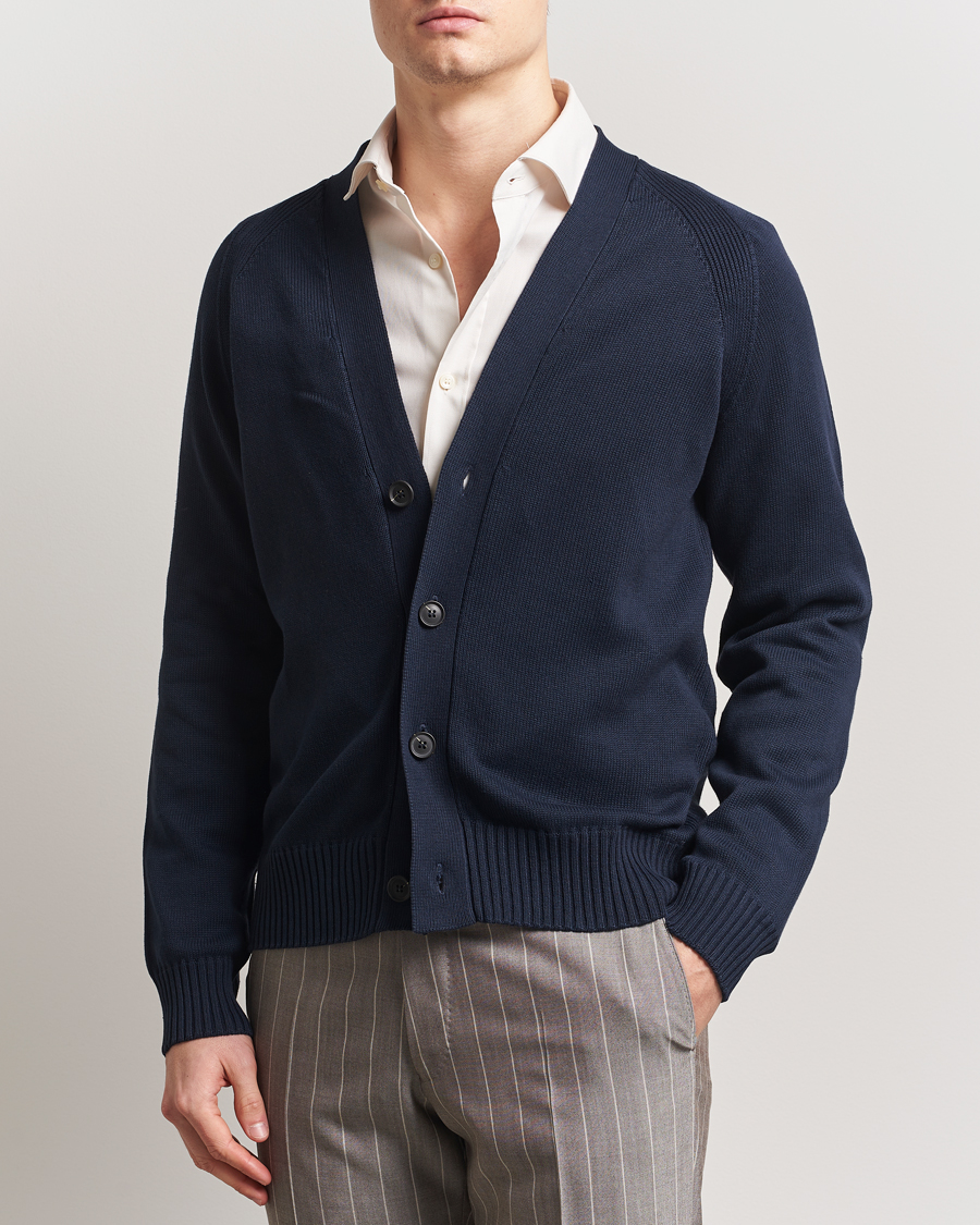 Men | Sweaters & Knitwear | Oscar Jacobson | Hover Cotton Cardigan Navy