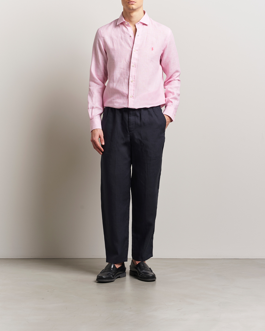 Men | Shirts | Polo Ralph Lauren | Custom Fit Dressed Striped Linen Shirt Pink/White
