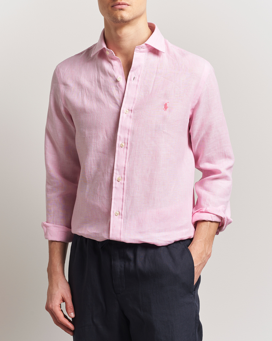 Men | Shirts | Polo Ralph Lauren | Custom Fit Dressed Striped Linen Shirt Pink/White
