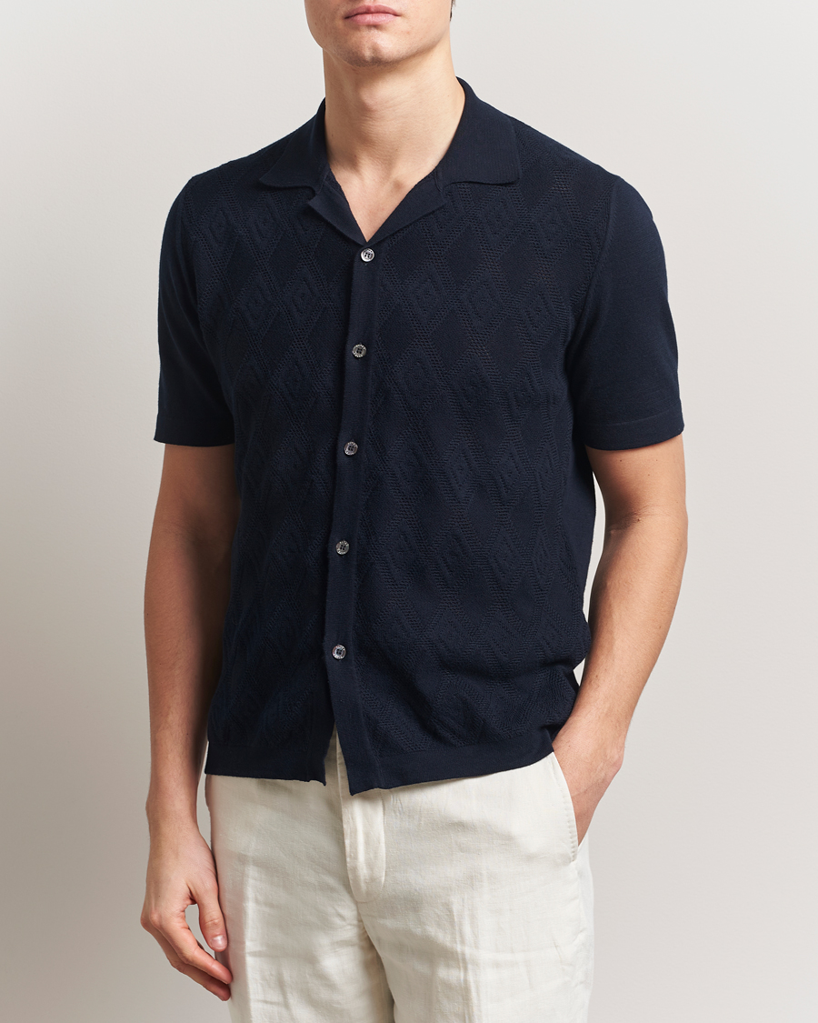 Men | Shirts | Altea | Jacquard Knit Camp Shirt Navy