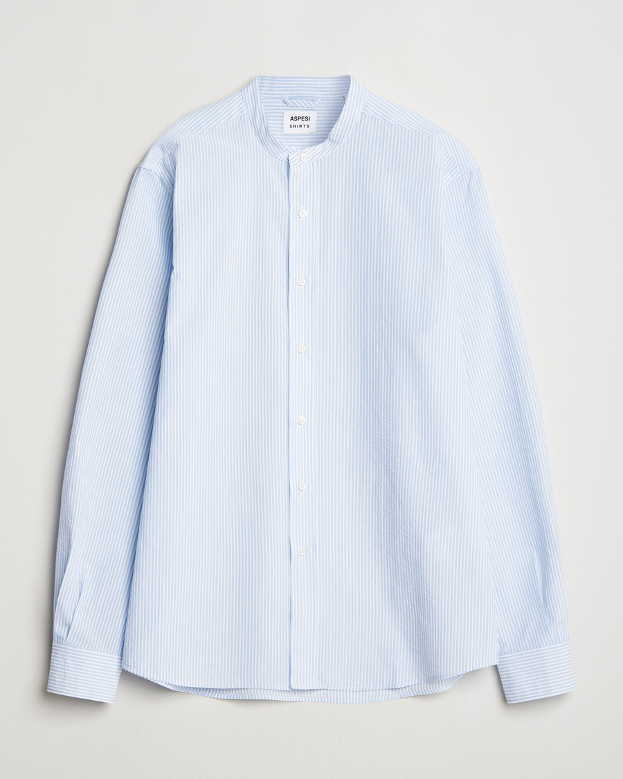Men | Shirts | Aspesi | Seersucker Guru Collar Shirt Light Blue