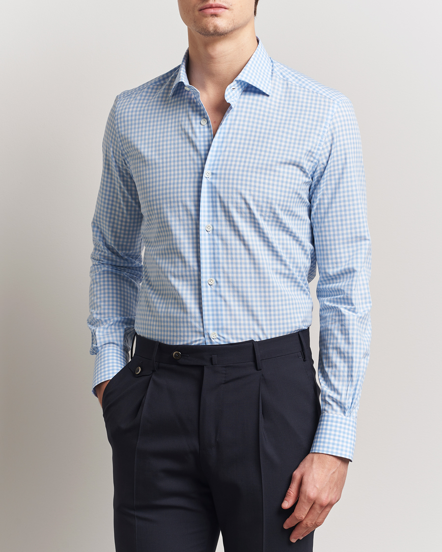 Men | Shirts | Mazzarelli | Soft Cotton Cut Away Shirt Blue Check