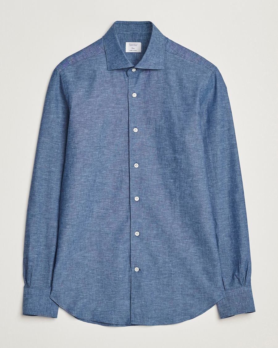 Men | Shirts | Mazzarelli | Soft Linen Cut Away Shirt Dark Blue