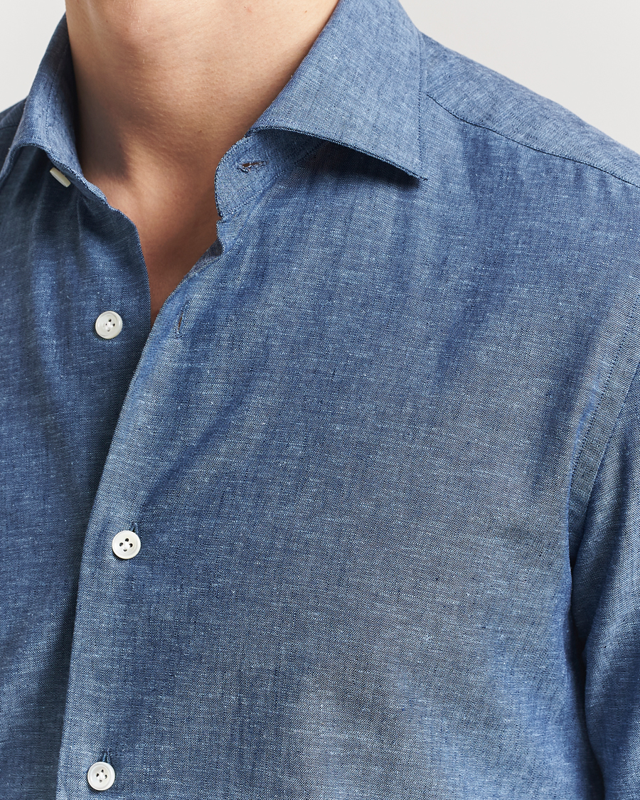 Men | Shirts | Mazzarelli | Soft Linen Cut Away Shirt Dark Blue