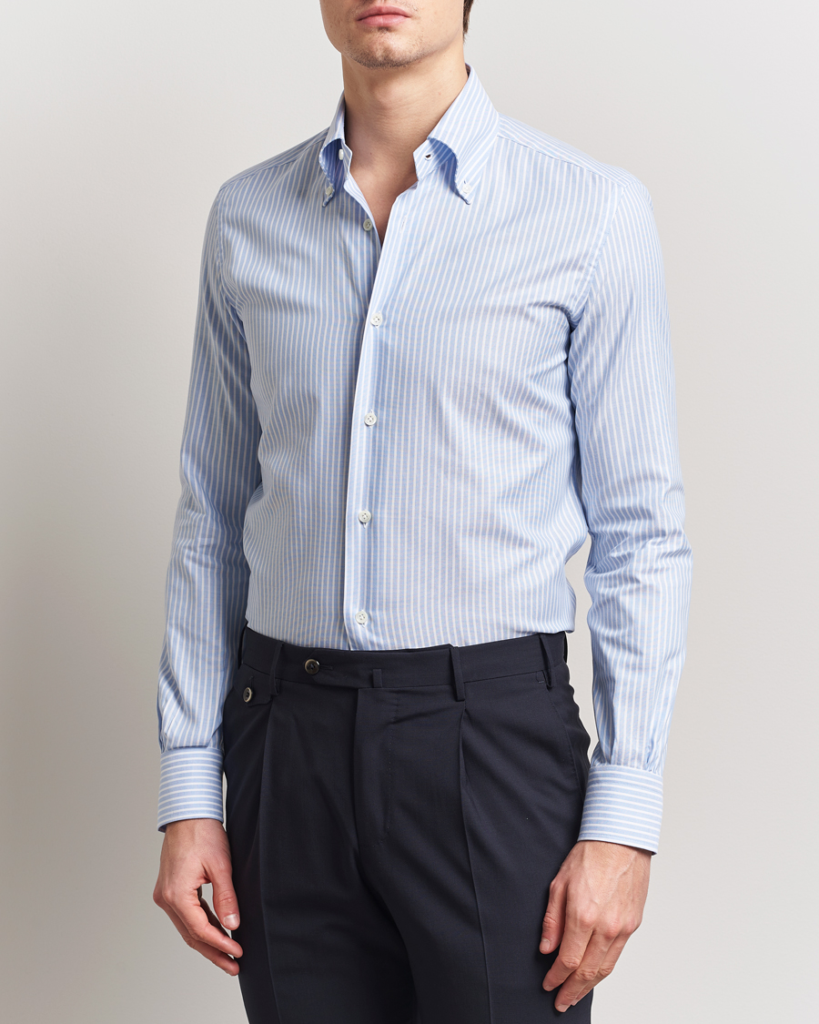 Men | Shirts | Mazzarelli | Soft Oxford Button Down Shirt Light Blue Stripe