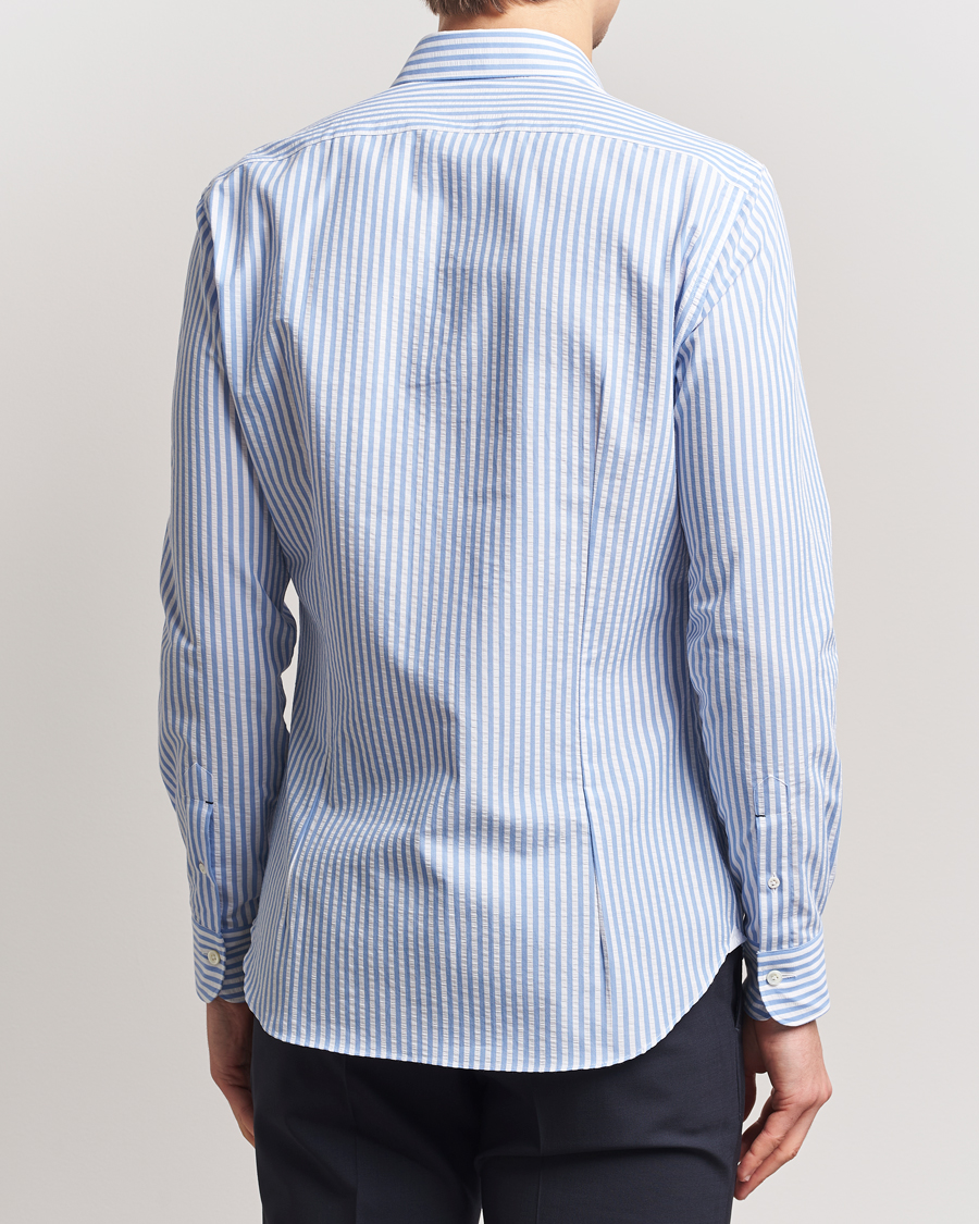Men | Shirts | Mazzarelli | Soft Cotton Seersucker Shirt Light Blue Stripe