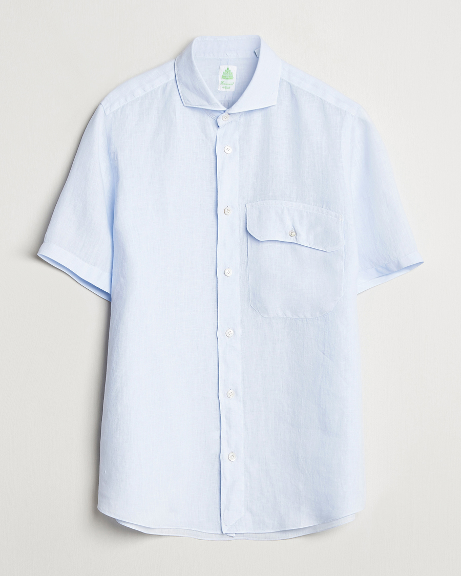 Men | Shirts | Finamore Napoli | Linen Short Sleeve Sport Shirt Light Blue