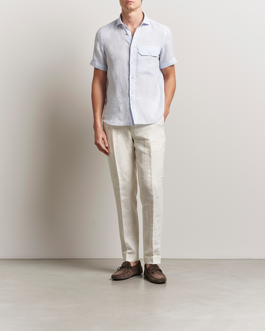 Men | Shirts | Finamore Napoli | Linen Short Sleeve Sport Shirt Light Blue