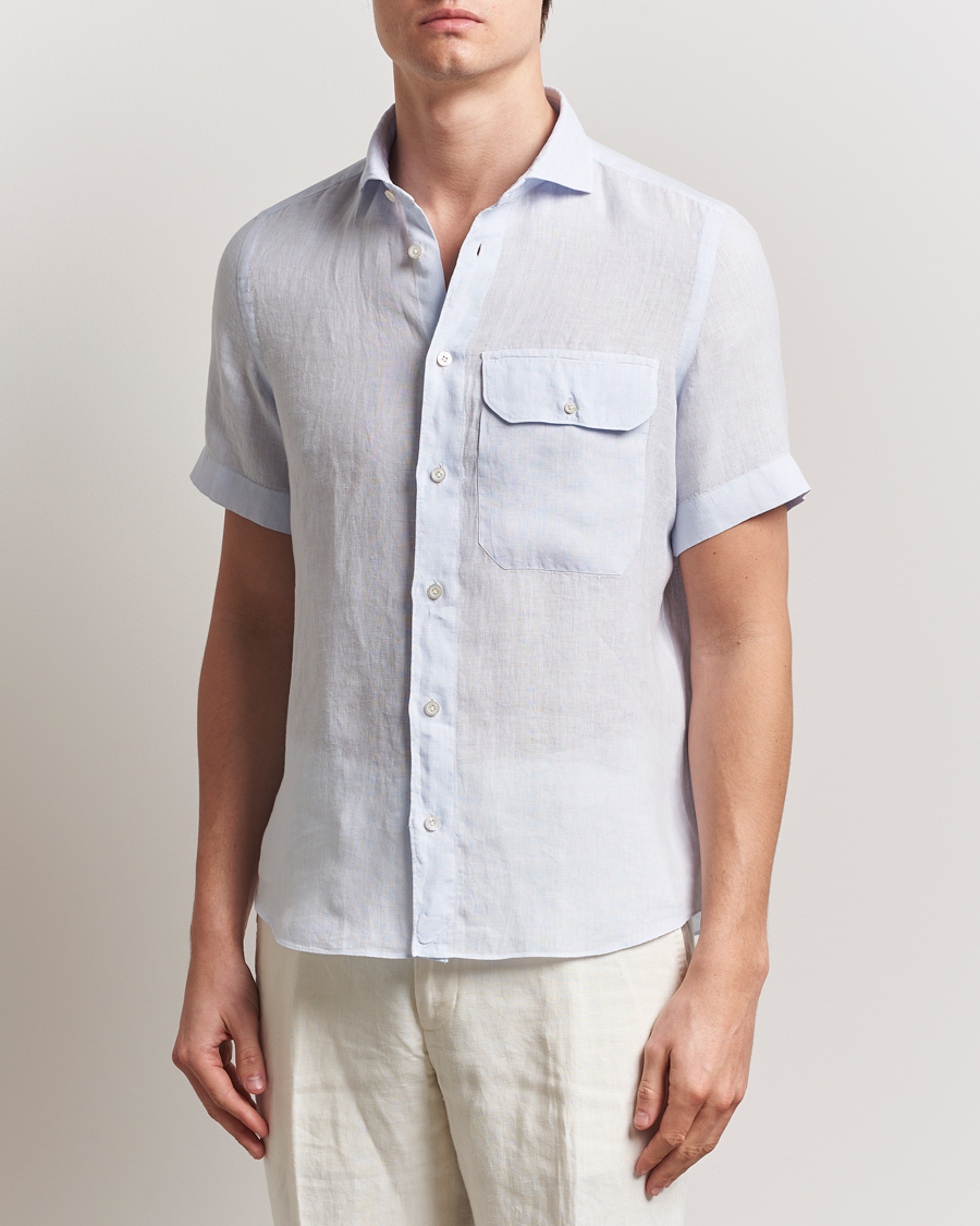 Men | Shirts | Finamore Napoli | Linen Short Sleeve Sport Shirt Light Blue