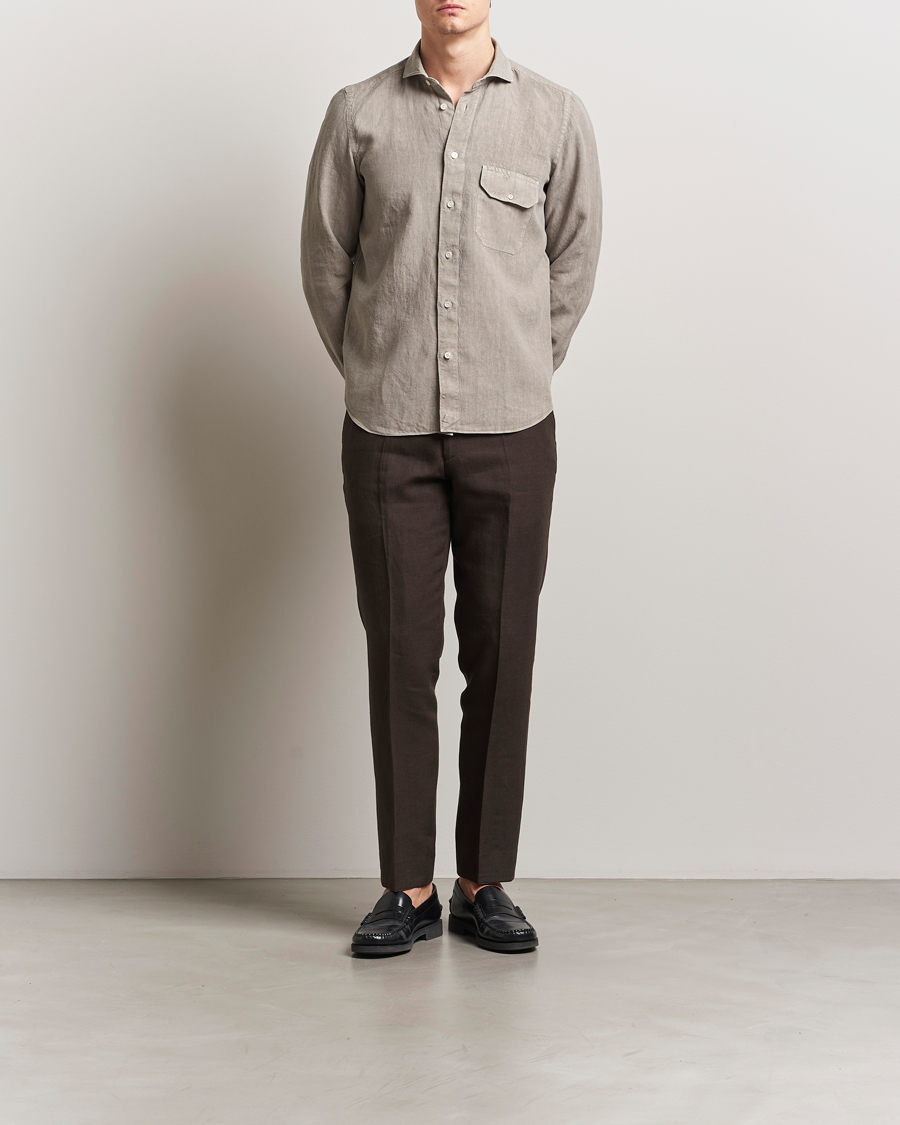 Men | Shirts | Finamore Napoli | Salina Garment Dyed Linen Overshirt Taupe