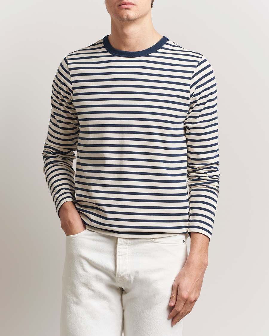 Men | T-Shirts | Merz b. Schwanen | Relaxed Fit Striped Long Sleeve T-Shirt Ink/Nature