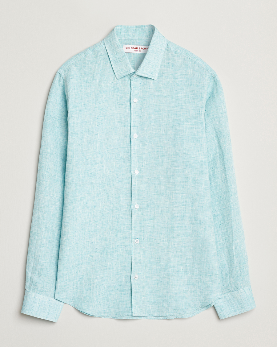 Men | Shirts | Orlebar Brown | Giles Long Sleeve Linen Shirt Aqua Blue/White
