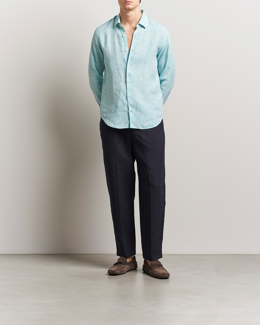 Men | Shirts | Orlebar Brown | Giles Long Sleeve Linen Shirt Aqua Blue/White