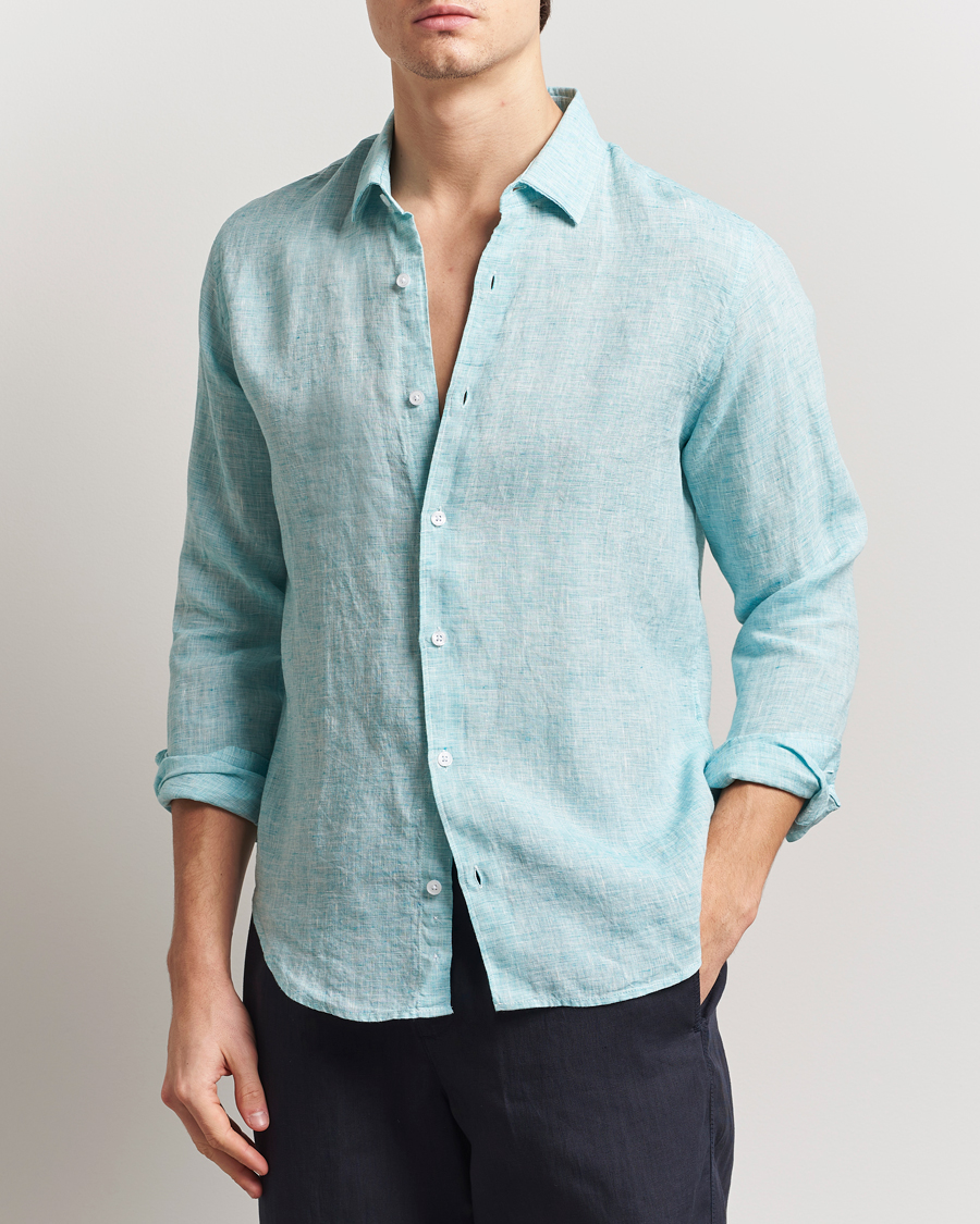Men | Shirts | Orlebar Brown | Giles Long Sleeve Linen Shirt Aqua Blue/White