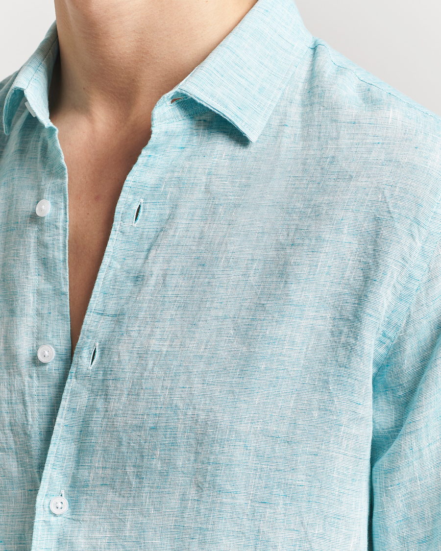 Men | Shirts | Orlebar Brown | Giles Long Sleeve Linen Shirt Aqua Blue/White