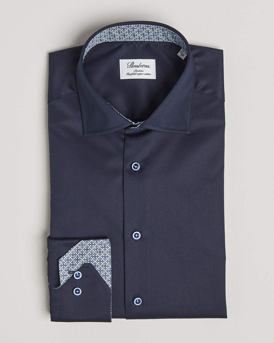 Men | Shirts | Stenströms | Silmline Contrast Cotton Twill Shirt Navy