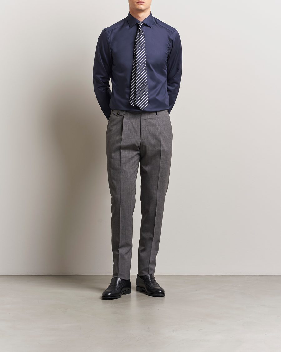 Men | Shirts | Stenströms | Silmline Contrast Cotton Twill Shirt Navy