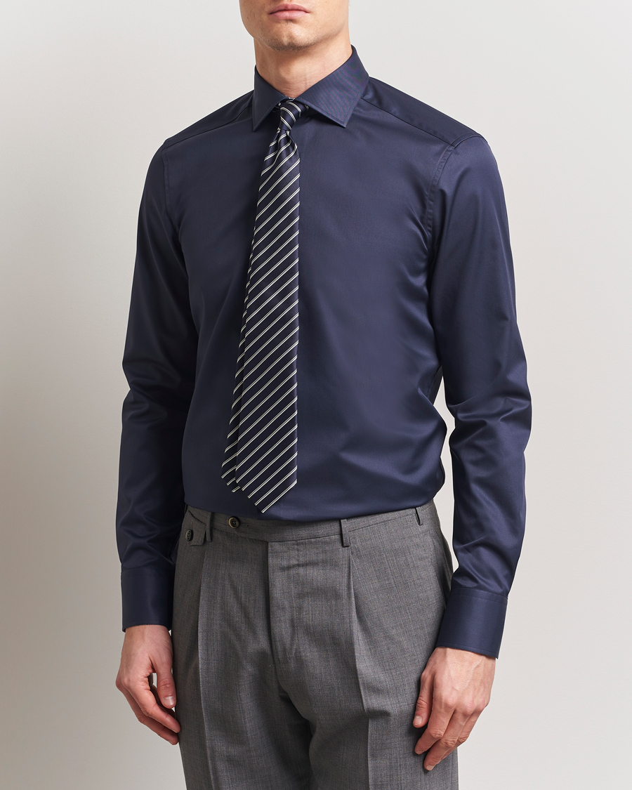 Men | Shirts | Stenströms | Silmline Contrast Cotton Twill Shirt Navy