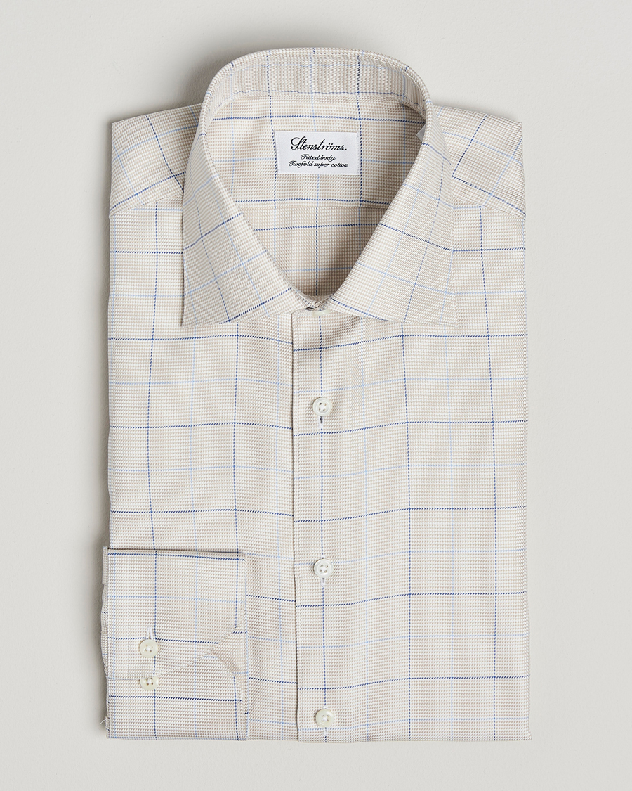 Men | Shirts | Stenströms | Fitted Body Checked Houndstooth Shirt Taupe