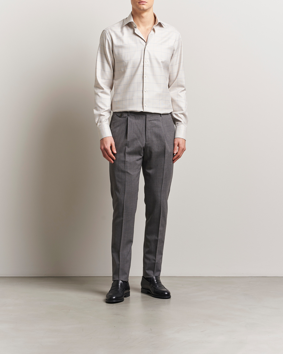 Men | Shirts | Stenströms | Fitted Body Checked Houndstooth Shirt Taupe