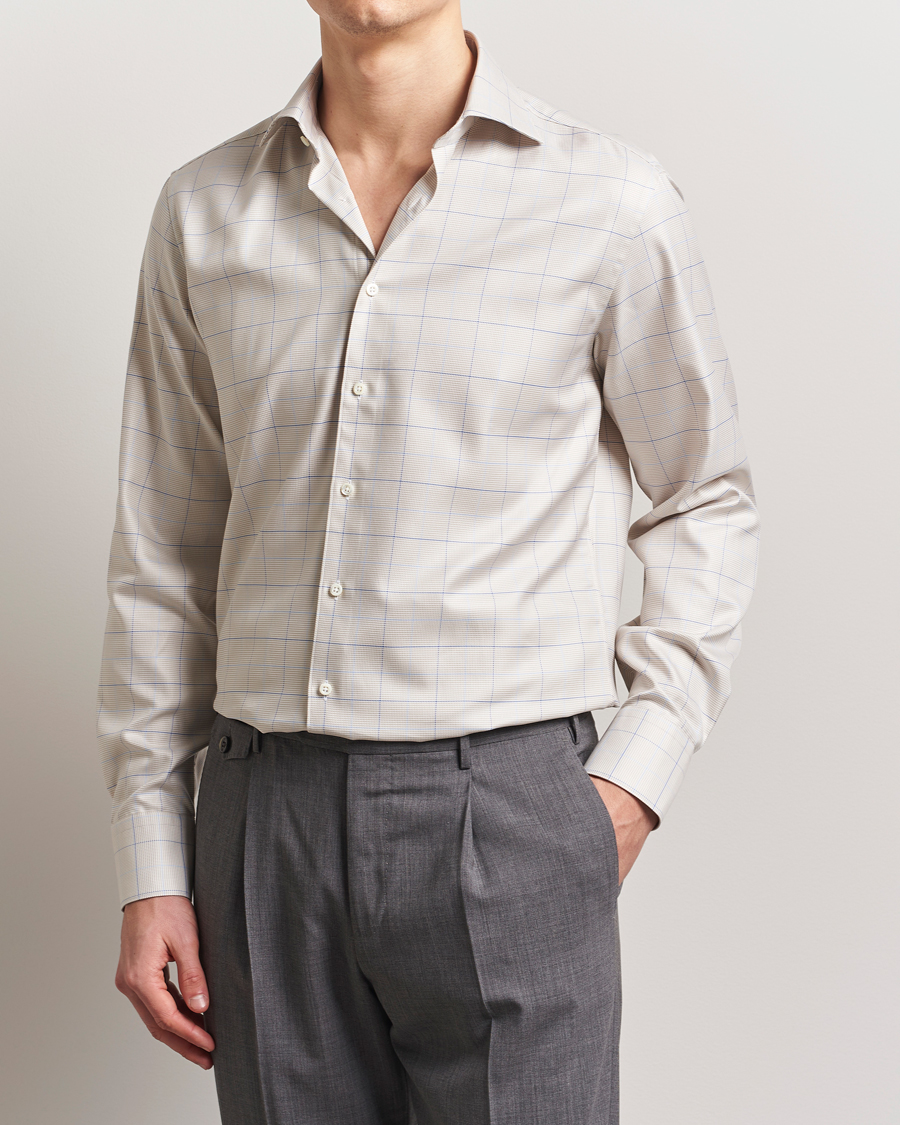 Men | Shirts | Stenströms | Fitted Body Checked Houndstooth Shirt Taupe
