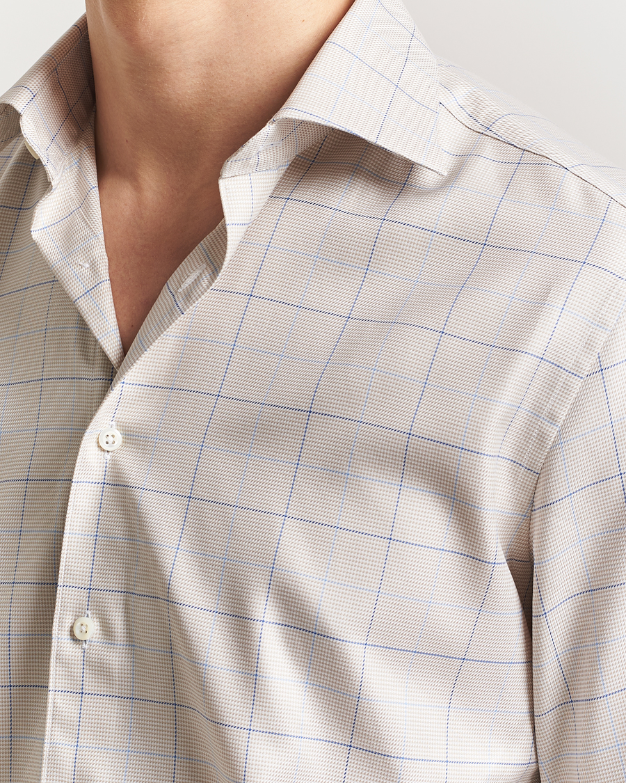 Men | Shirts | Stenströms | Fitted Body Checked Houndstooth Shirt Taupe