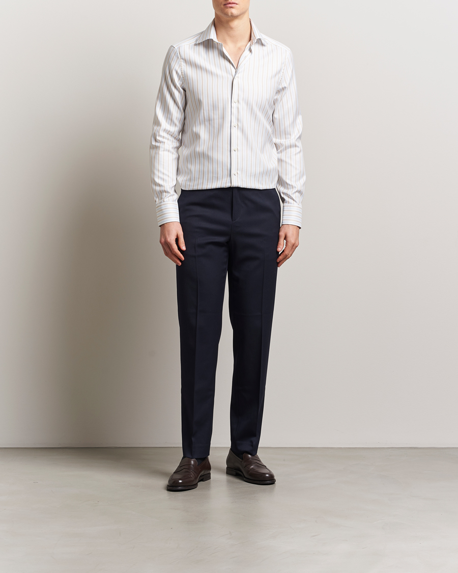 Men | Shirts | Stenströms | Slimline Multi Striped Twill Shirt Blue/Beige