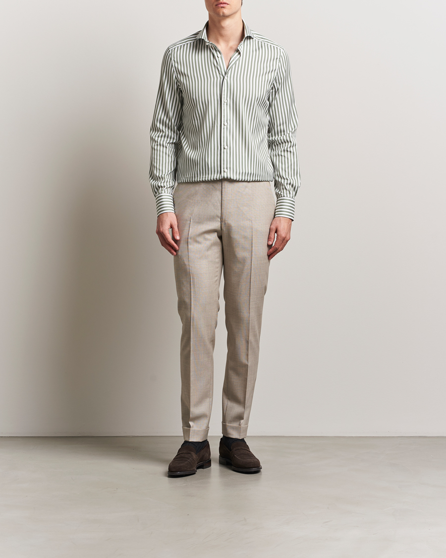 Men | Shirts | Stenströms | 1899 Slimline Striped Cotton/Silk Shirt Green