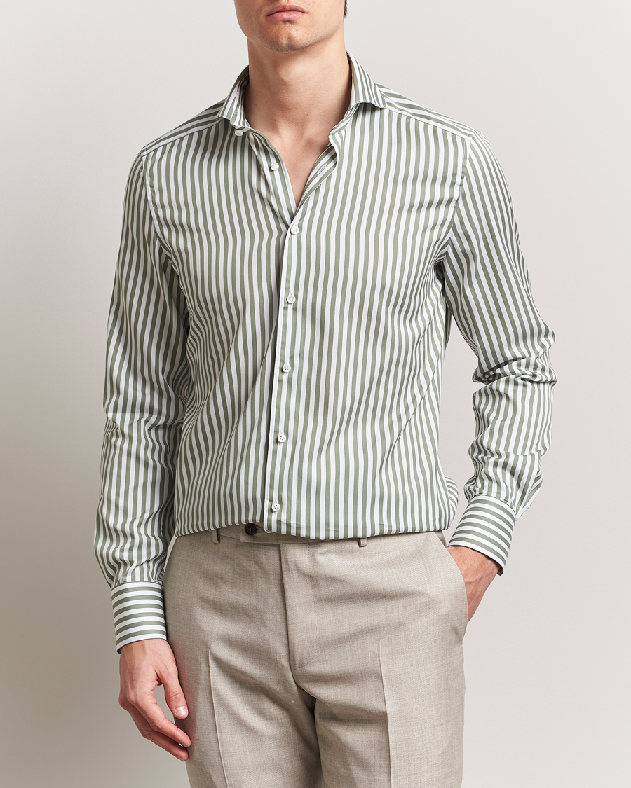 Men | Shirts | Stenströms | 1899 Slimline Striped Cotton/Silk Shirt Green