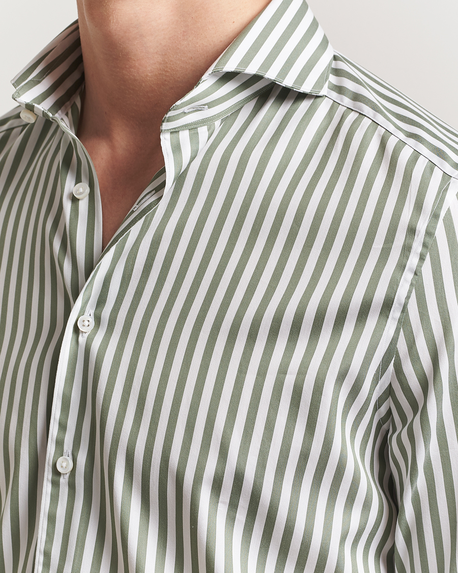 Men | Shirts | Stenströms | 1899 Slimline Striped Cotton/Silk Shirt Green