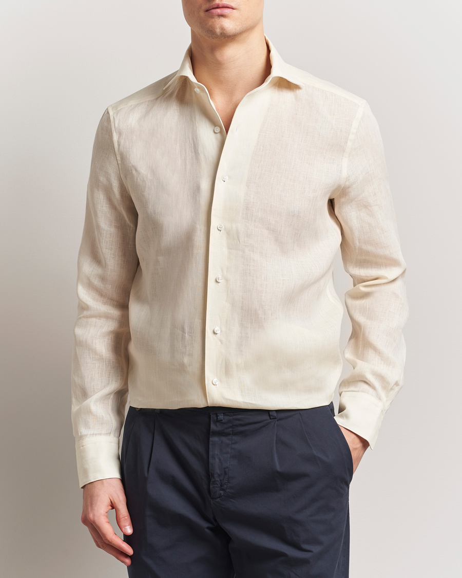 Men | Shirts | Stenströms | 1899 Slimline Linen One Piece Collar Shirt Yellow