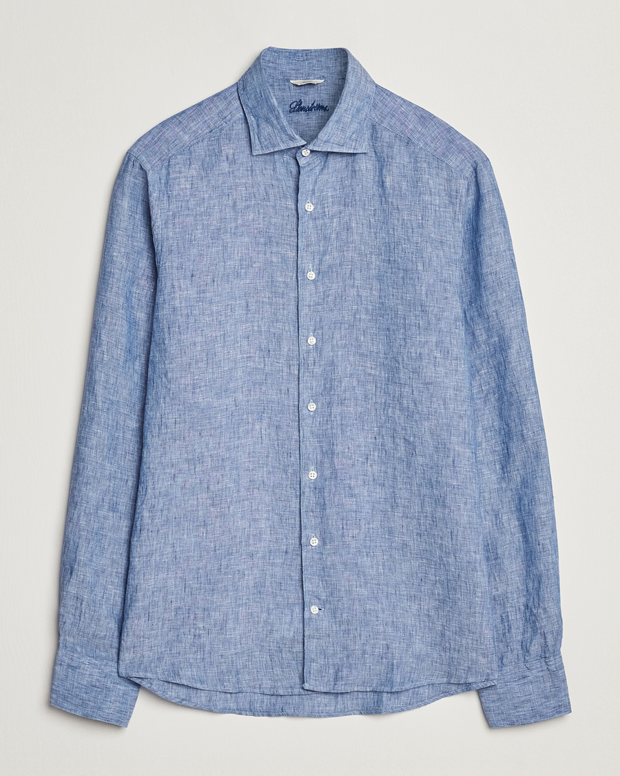 Men | Shirts | Stenströms | Slimline Cut Away Linen Shirt Mid Blue