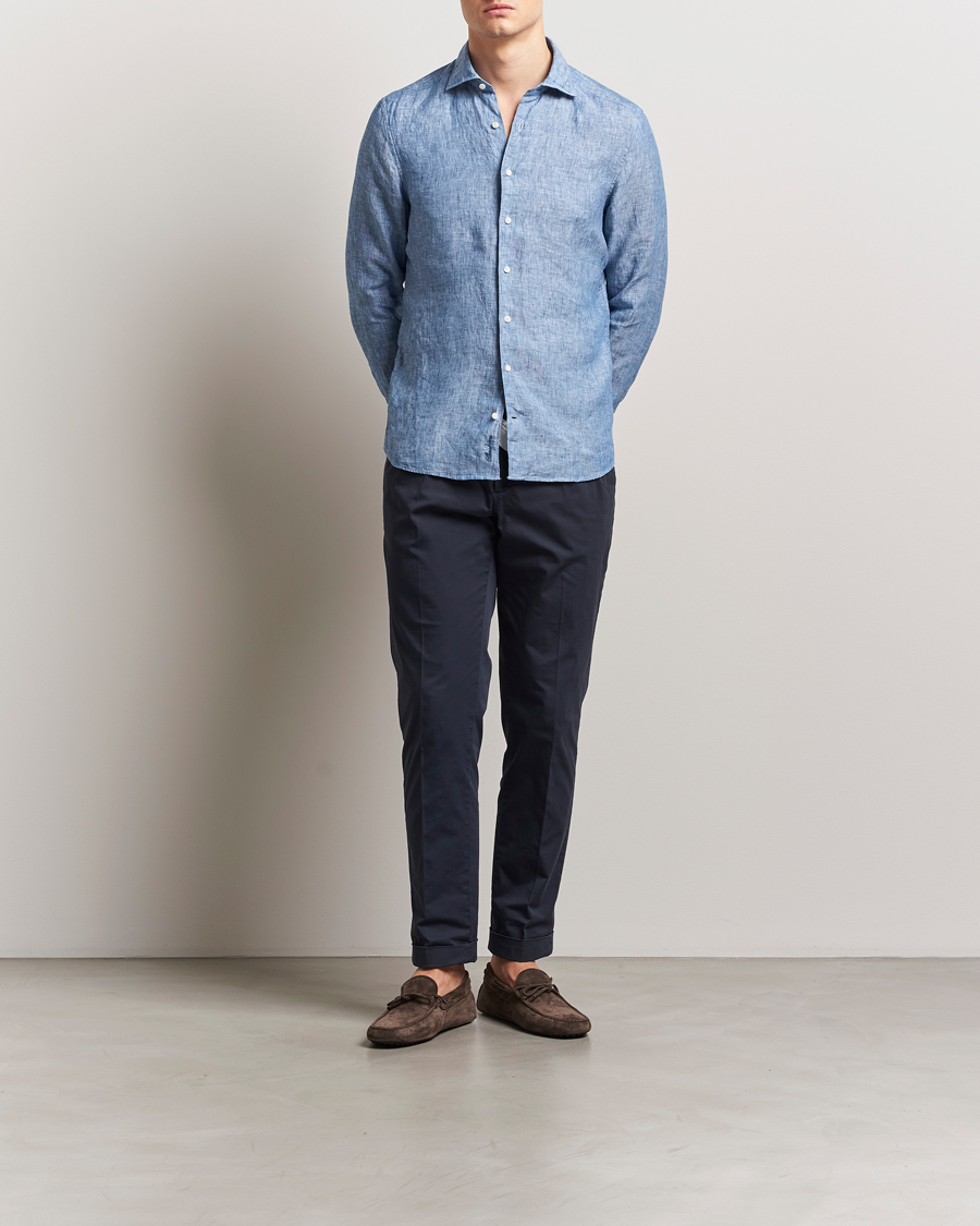 Men | Shirts | Stenströms | Slimline Cut Away Linen Shirt Mid Blue