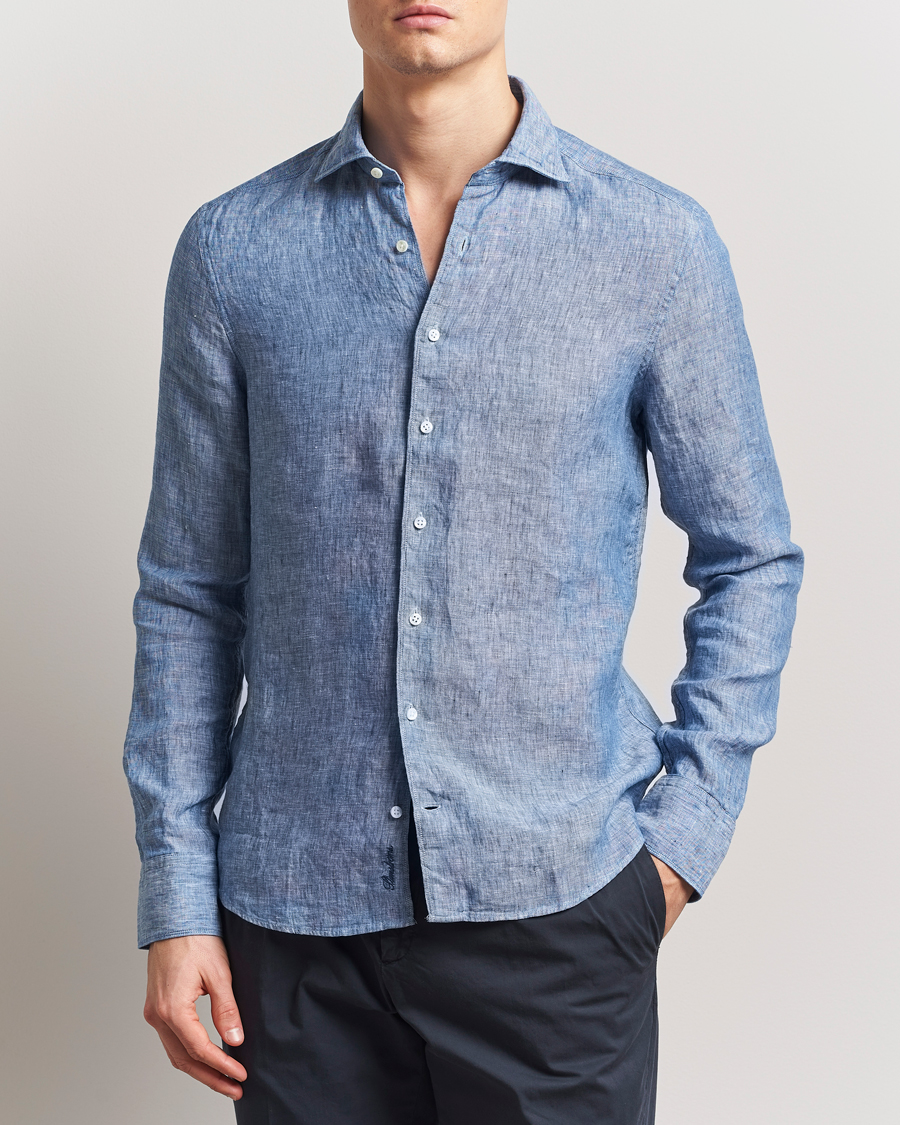 Men | Shirts | Stenströms | Slimline Cut Away Linen Shirt Mid Blue