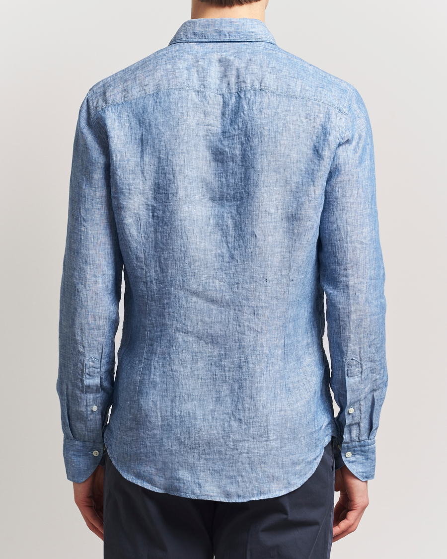 Men | Shirts | Stenströms | Slimline Cut Away Linen Shirt Mid Blue