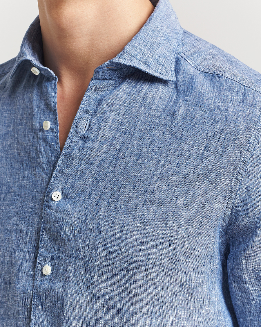 Men | Shirts | Stenströms | Slimline Cut Away Linen Shirt Mid Blue
