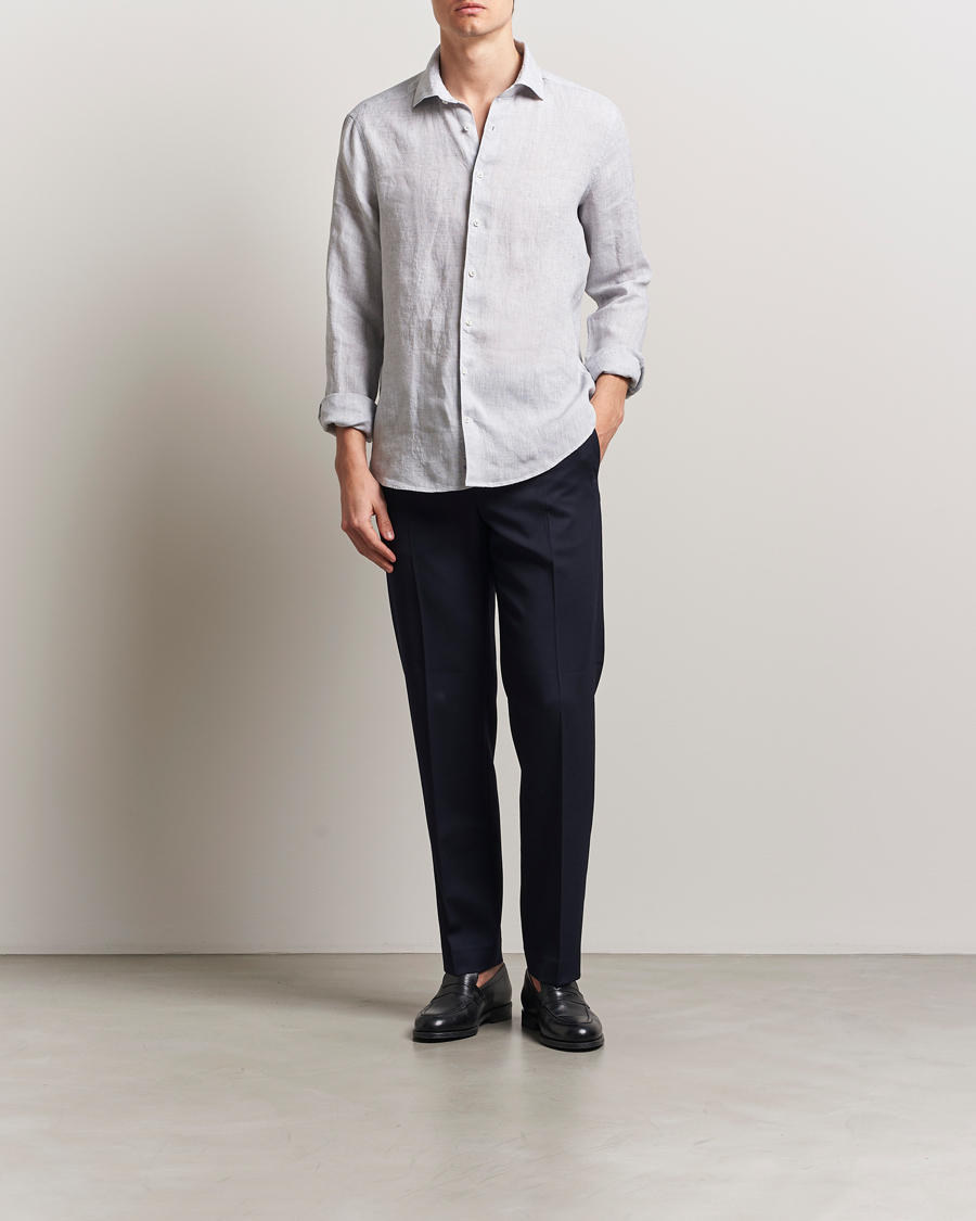 Men | Shirts | Stenströms | Slimline Cut Away Linen Shirt Light Grey