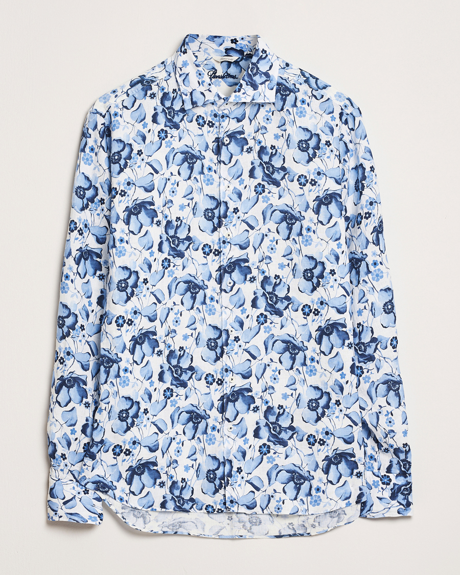 Men | Shirts | Stenströms | Fitted Body Flower Printed Linen Shirt Blue