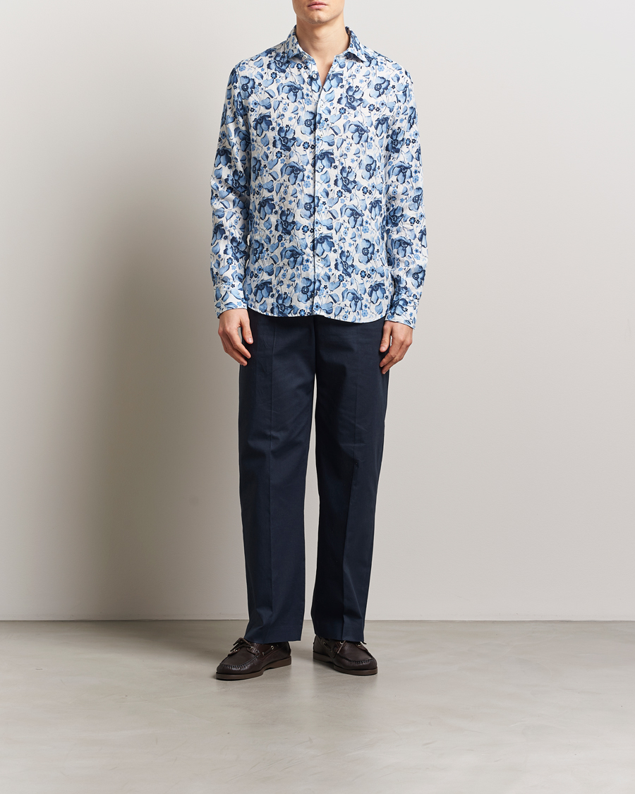 Men | Shirts | Stenströms | Fitted Body Flower Printed Linen Shirt Blue