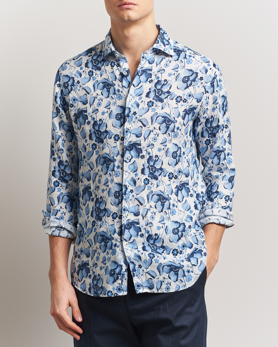 Men | Shirts | Stenströms | Fitted Body Flower Printed Linen Shirt Blue