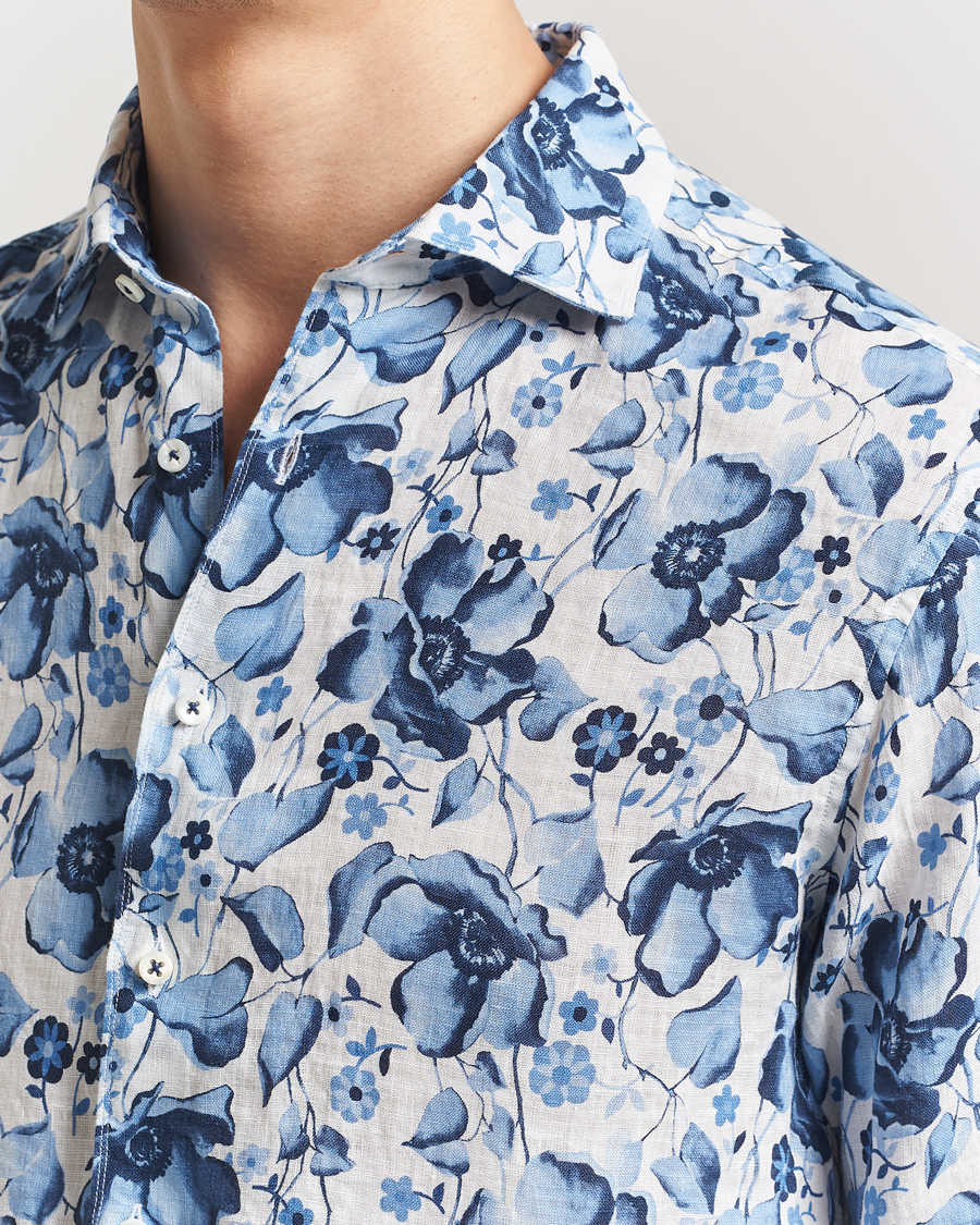 Men | Shirts | Stenströms | Fitted Body Flower Printed Linen Shirt Blue