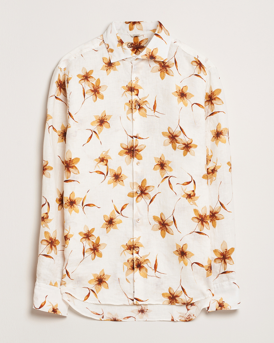 Men | Shirts | Stenströms | Fitted Body Flower Printed Linen Shirt White