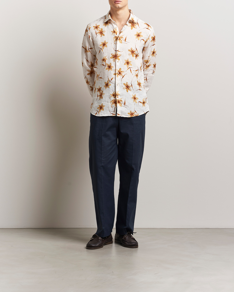 Men | Shirts | Stenströms | Fitted Body Flower Printed Linen Shirt White