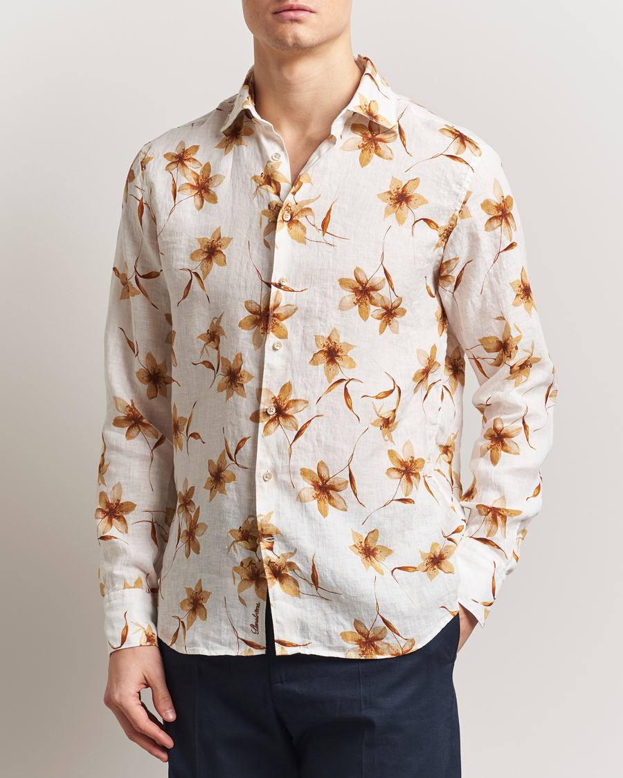 Men | Shirts | Stenströms | Fitted Body Flower Printed Linen Shirt White